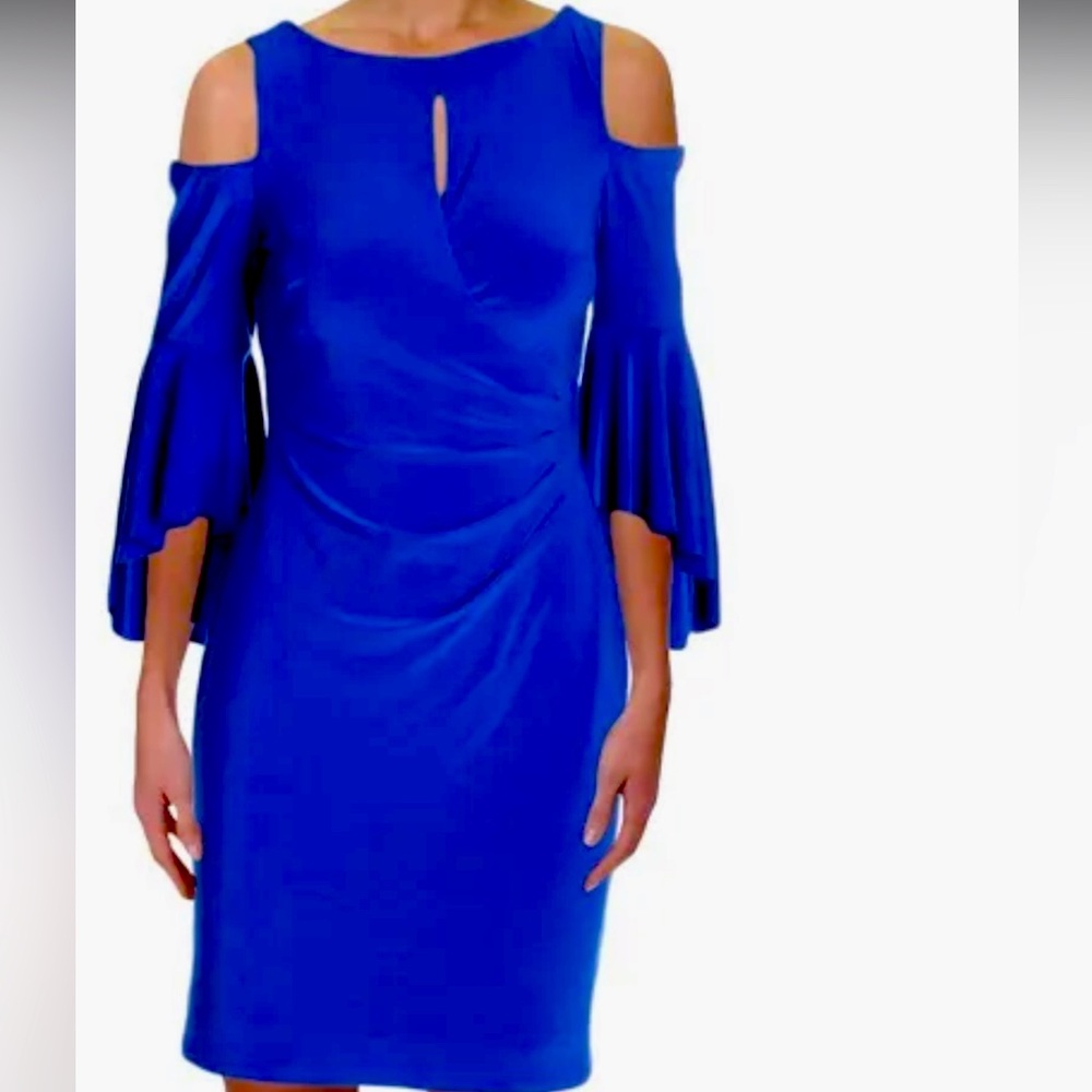|Ralph Lauren Royal Blue Dress. Cold Shoulder. Side Ruching. Size 12p